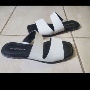 Marc Fisher White and Black Double Band Slide Sandals